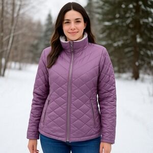 Free‎ Country Women Jacket L Purple Gray Reversible Fleece Zip up Quilted Puffer